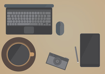 Flat style concept of a work-space. Top view vector illustration.