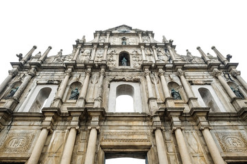 Ruins St.Paul Church isolated on white background, famous landmarks and world cultural heritage in centre of Macao/Macau, China