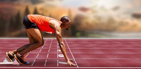 Stoff pro Meter Composite image of of runner preparing for the start  © vectorfusionart