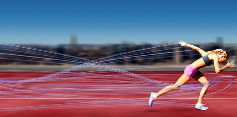 Composite image of sporty woman running 