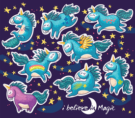Sticker set of cute cartoon unicorn with rainbow and stars