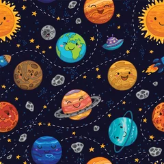 Behang Naadloze ruimtepatroonachtergrond met planeten, sterren en kometen. © penguin_house