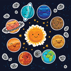 sticker set of solar system with cartoon planets