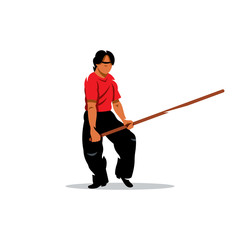 Vector Wing Chun kung fu Man with a stick. Cartoon Illustration.