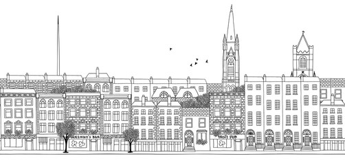 Fototapeta premium Dublin - bez szwu baner na panoramę Dublina, ręcznie rysowane czarno-białe ilustracje