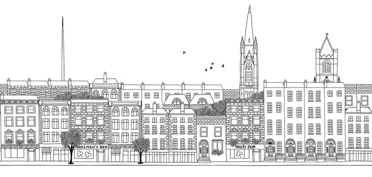 Dublin - seamless banner of Dublin's skyline, hand drawn black and white illustration
