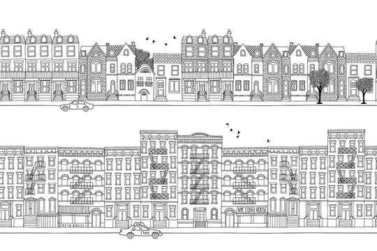 Two hand drawn seamless city banners - London and New York style houses