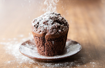 Chocolate muffin with powdered sugar