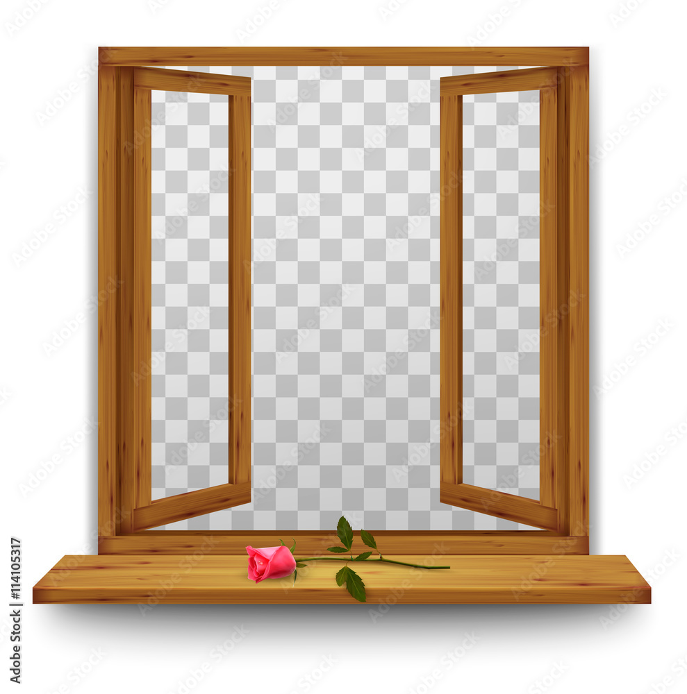 Poster wooden window with a red rose on the windowsill. vector.