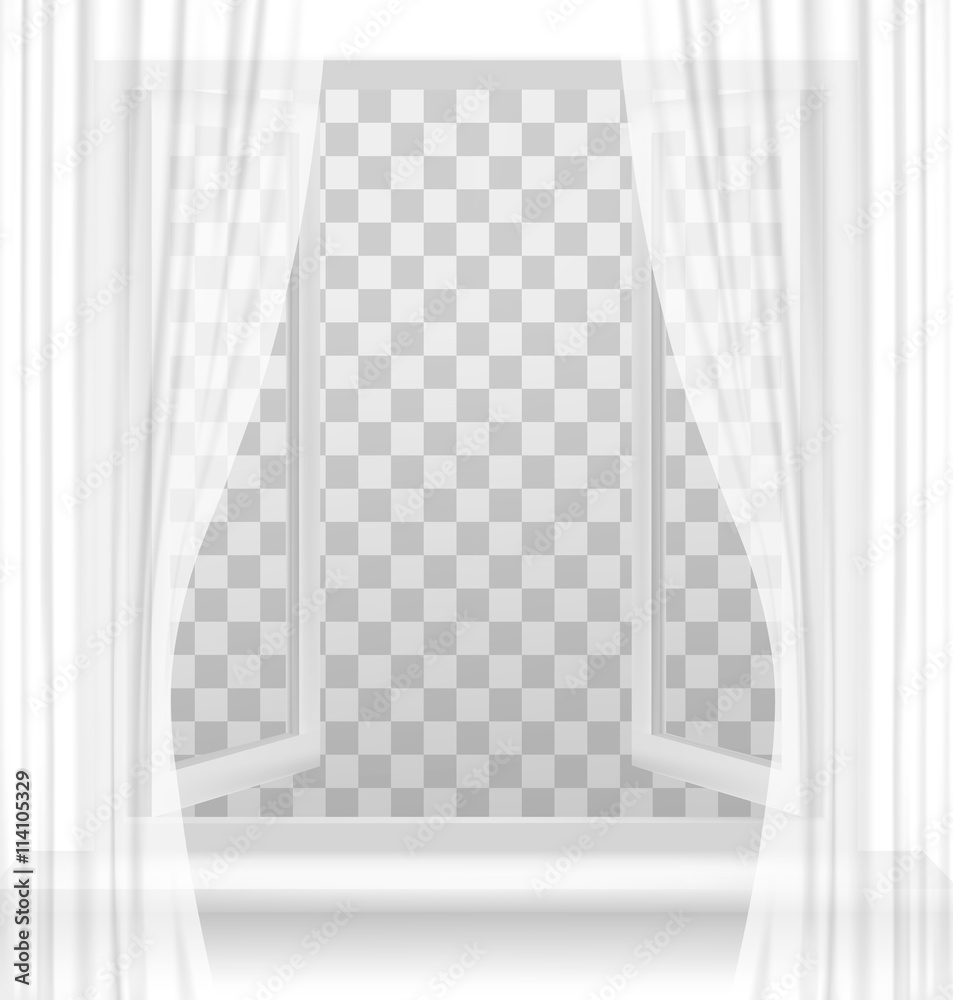 Poster Open window with curtains on a transparent background. Vector.