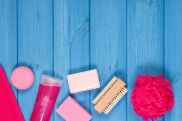 Accessories and cosmetics for personal hygiene in bathroom, concept of body care, copy space for text