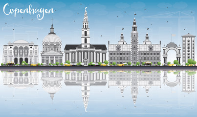 Fototapeta premium Copenhagen Skyline with Gray Landmarks, Blue Sky and Reflections