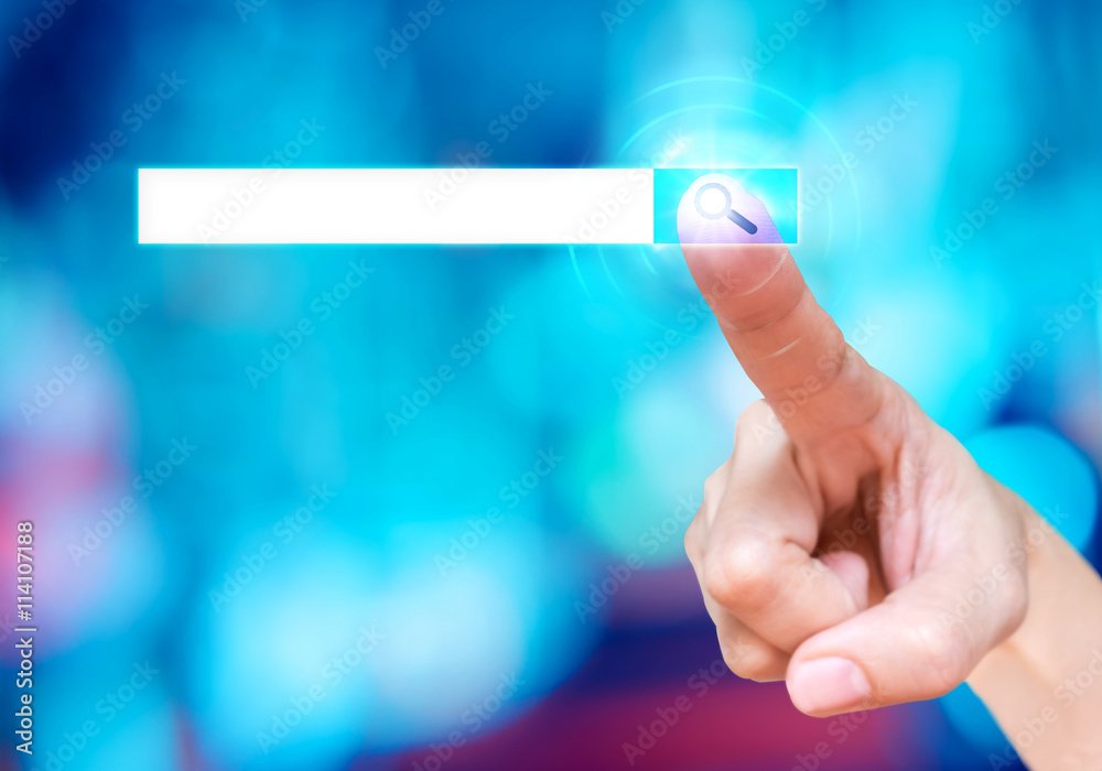 Poster finger touch on search button with blank search bar at blur blue