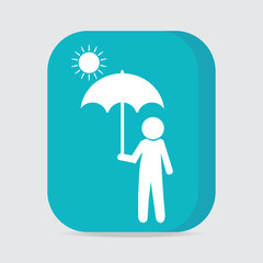 Man with umbrella on sunny day, button vector illustration