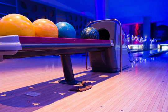 Colorful bowling balls in beautiful light indoor