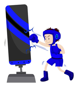 Boxer in blue outfit punching on punching stand