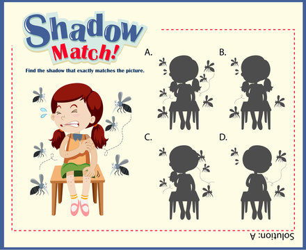 Shadow matching game template with girls and mosquitos
