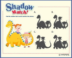 Shadow matching game template with kids and dragon