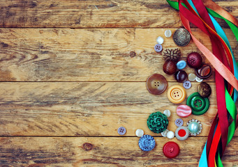 variety buttons and multicolored ribbons