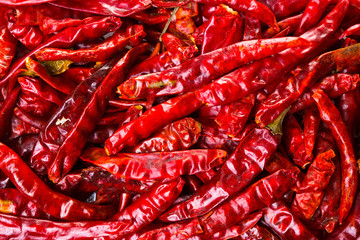 Dried red pepper chili in a pile