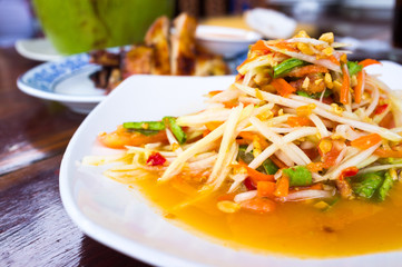 Somtum or Thai spicy papaya salad - Selective focus