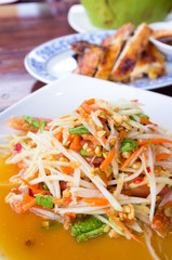 Somtum or Thai spicy papaya salad - Selective focus
