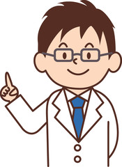 指差しをする男性医師のイラスト　シンプル　指差し　メガネ　聴診器　ネクタイ　白衣