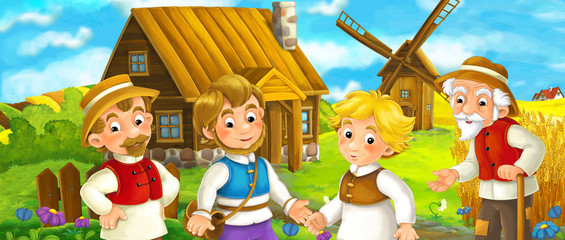 Obraz na płótnie Canvas Beautifully colored scene with cartoon character - old man standing and talking to group of people - friends or family - windmill in the background - illustration for children