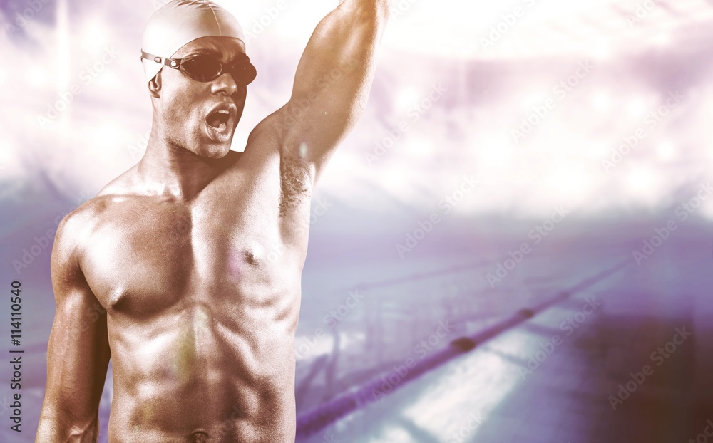 Canvas Prints Composite image of swimmer posing after victory