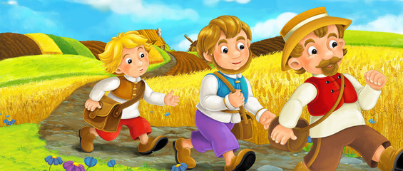 Beautifully colored scene with cartoon characters - old man standing and talking or greeting someone - windmill in the background - illustration for children