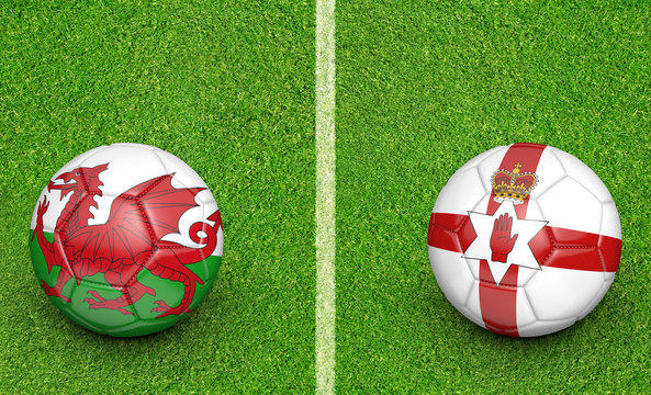 Team balls for Wales vs Northern Ireland football tournament match, 3D rendering