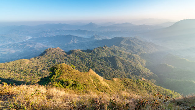 View point with layers of mountains at Phu Chi Dao, Chiangrai, Thailand.