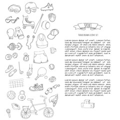 Hand drawn doodle Sport set Vector illustration sport related icons, tennis, golf, baseball, basketball, football, soccer, volleyball, rugby, hockey, fitness, boxing Sport concept collection Sketch