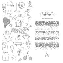 Hand drawn doodle Sport set Vector illustration sport related icons, tennis, golf, baseball, basketball, football, soccer, volleyball, rugby, hockey, fitness, boxing Sport concept collection Sketch