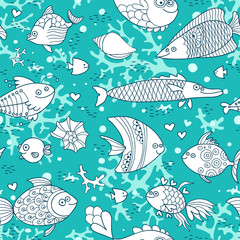 Background underwater world. Seamless pattern with cute fish, shells, corals.