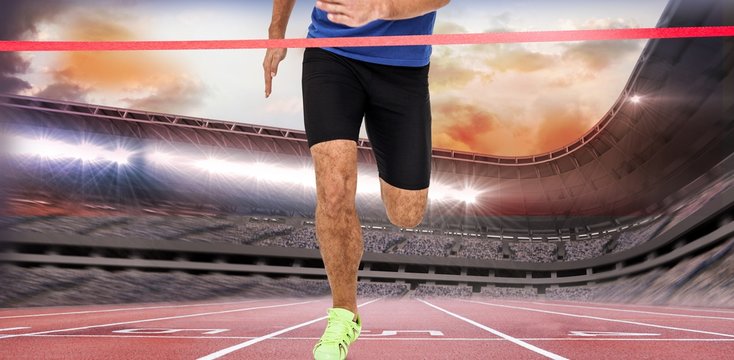 Composite image of athlete feet running on white background