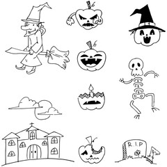 Halloween set pumpkins monster witch in doodle