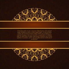 Vintage gold card. ornamental vector frame with swirly borders over pattern