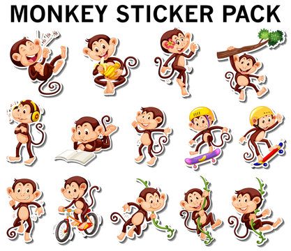 Set of monkey stickers in different posts
