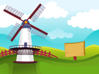 Vector Illustration of Windmill on Field