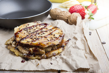 Stack of Homemade Chocolate Pancakes for Breakfast with Strawber