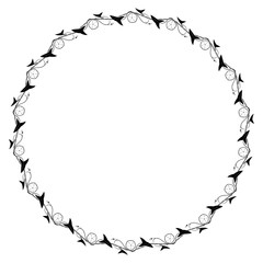 Round frame based on floral pattern with bindweed flower, arrowhead-shaped leaves and interwoven stems. Vector black and white ornament around copy space.