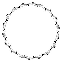 Round frame based on floral pattern with bindweed flower, arrowhead-shaped leaves and interwoven stems. Vector black and white ornament around copy space.