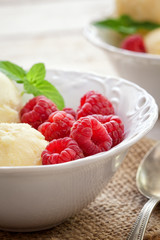 Vanilla ice cream with raspberry and mint 