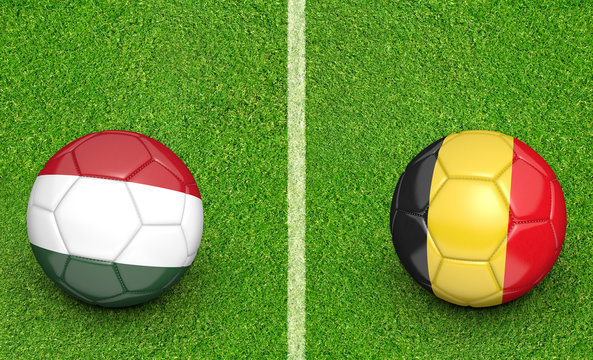 Team balls for Hungary vs Belgium football tournament match, 3D rendering