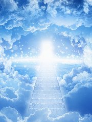 stairs to heaven, bright light from heaven, stairway leading up to skies, bright light from heaven door