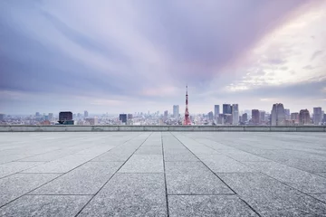 Fotobehang empty street with cityscape and skyline of tokyo in romance sky © zhu difeng