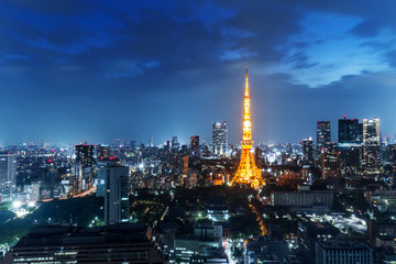 skyline and cityscape in blue sky at twilight