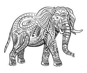 Hand-painted elephant with ornament. Tattoo elephant with patterns, coloring page, t-shirts.
