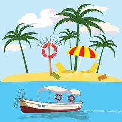 Vacations, leisure boat, palm, banner, vector illustration